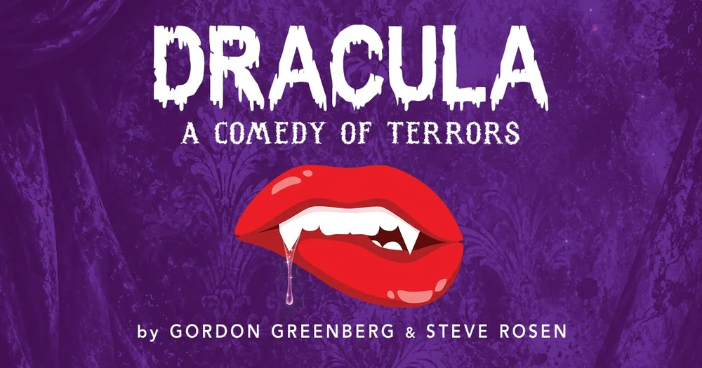 Promotional poster for Dracula: A Comedy of Terrors with a purple backdrop, bold white title, and a red, fang-bearing lip illustration.