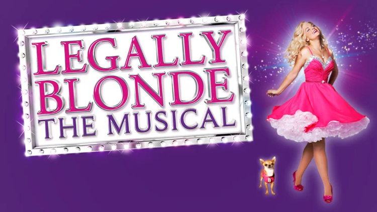 Promotional poster for Legally Blonde the Musical with a performer in a pink dress and a small dog on a purple background.
