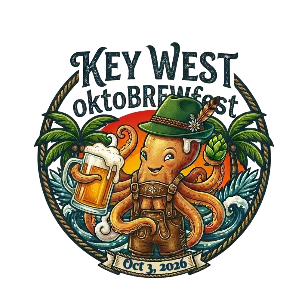 Logo for Key West Oktoberfest featuring a cheerful octopus in lederhosen with a beer mug, green hat, palm trees, and waves, date Oct 3, 2026.